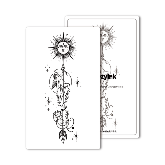 Angel Archer temporary tattoo design, black illustration, angel with arrow, celestial elements, Pure Black Ink™.
