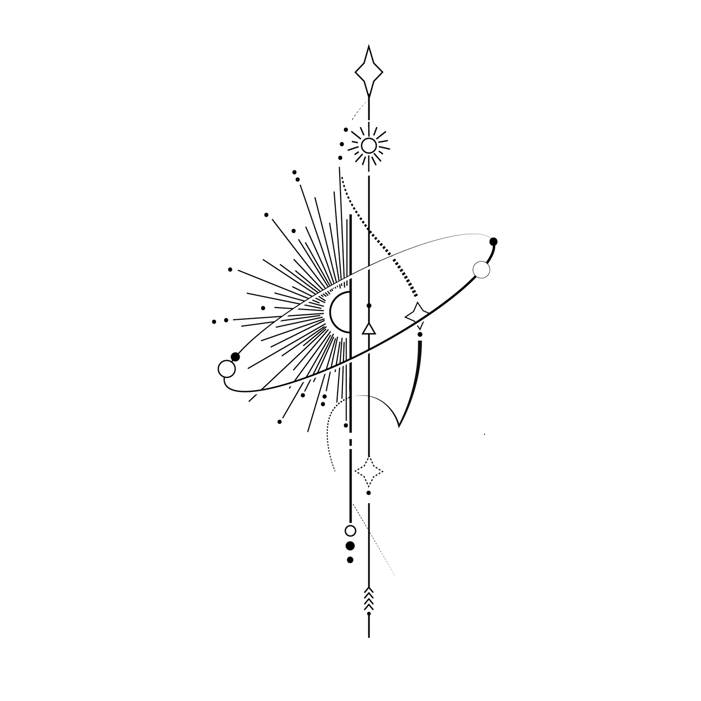 SteezyInk Astral Temporary Tattoo. Black geometric cosmic design with sun, stars, and curved lines.