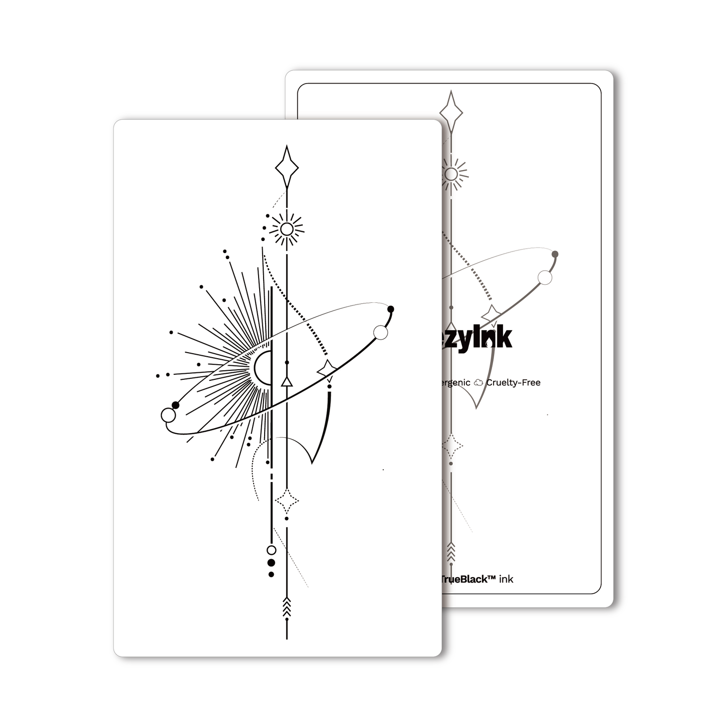 Astral temporary tattoo. Black geometric sun and star design with Pure Black Ink™ for a 1-2 week wear.