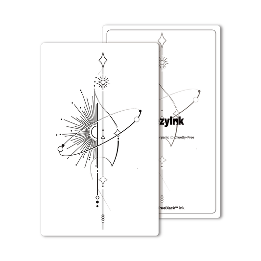 Astral temporary tattoo. Black geometric sun and star design with Pure Black Ink™ for a 1-2 week wear.