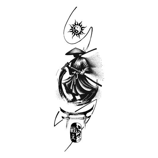 SteezyInk Sunblade temporary tattoo design of a samurai warrior with a yin-yang sun symbol and Japanese text.