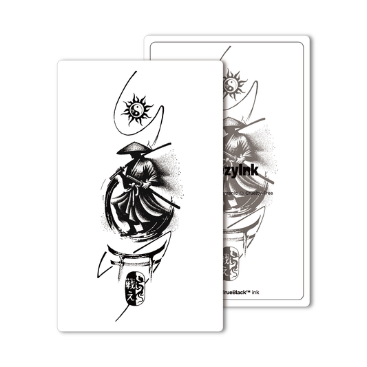 SteezyInk Sunblade temporary tattoo, samurai warrior design with yin-yang sun symbol in black ink.