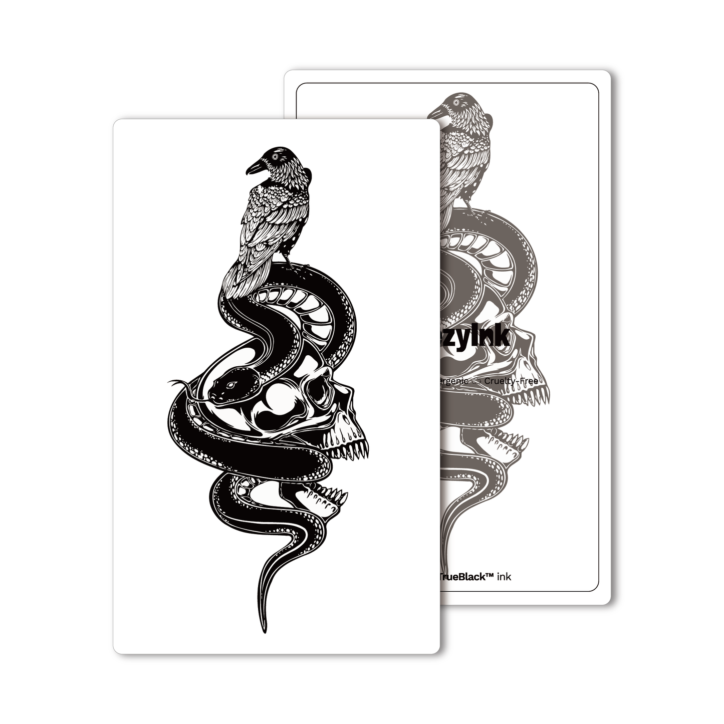 Raven's Nest temporary tattoo. Black raven, snake, skull. Pure Black Ink™, hypoallergenic.