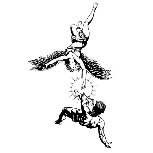 SteezyInk Angel's Reach temporary tattoo design, angel and human figures reaching towards each other, black ink