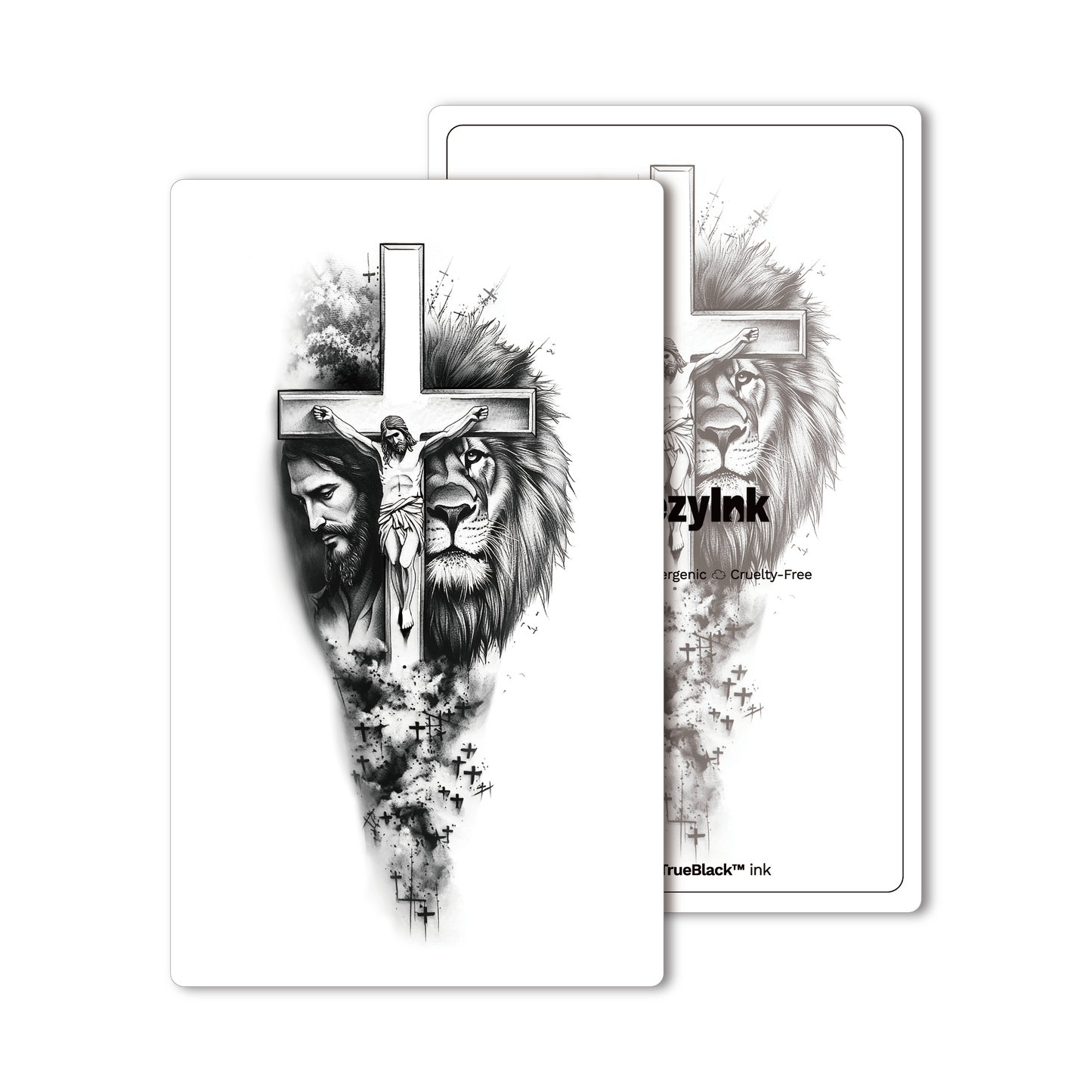 Religious Pack Temporary Tattoo Set featuring Jesus on the cross, Lion and cross designs. SteezyInk ink.