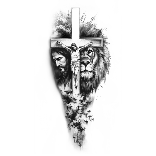 SteezyInk Jesus and Lion temporary tattoo design in black and white, semi-permanent body art