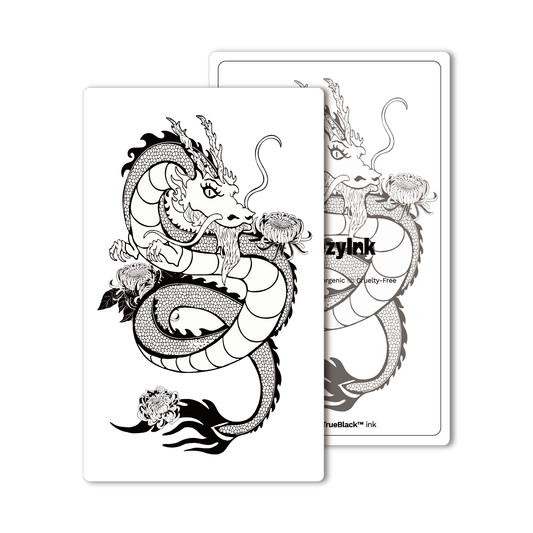 Chrysanthemum Dragon temporary tattoo. Black and white design with Pure Black Ink™, vegan, hypoallergenic.