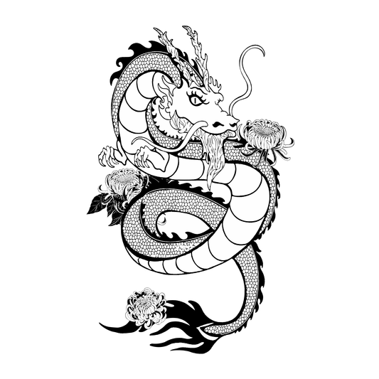 SteezyInk Chrysanthemum Dragon Temporary Tattoo. Black dragon design, up to 2 weeks wear, vegan, hypoallergenic.