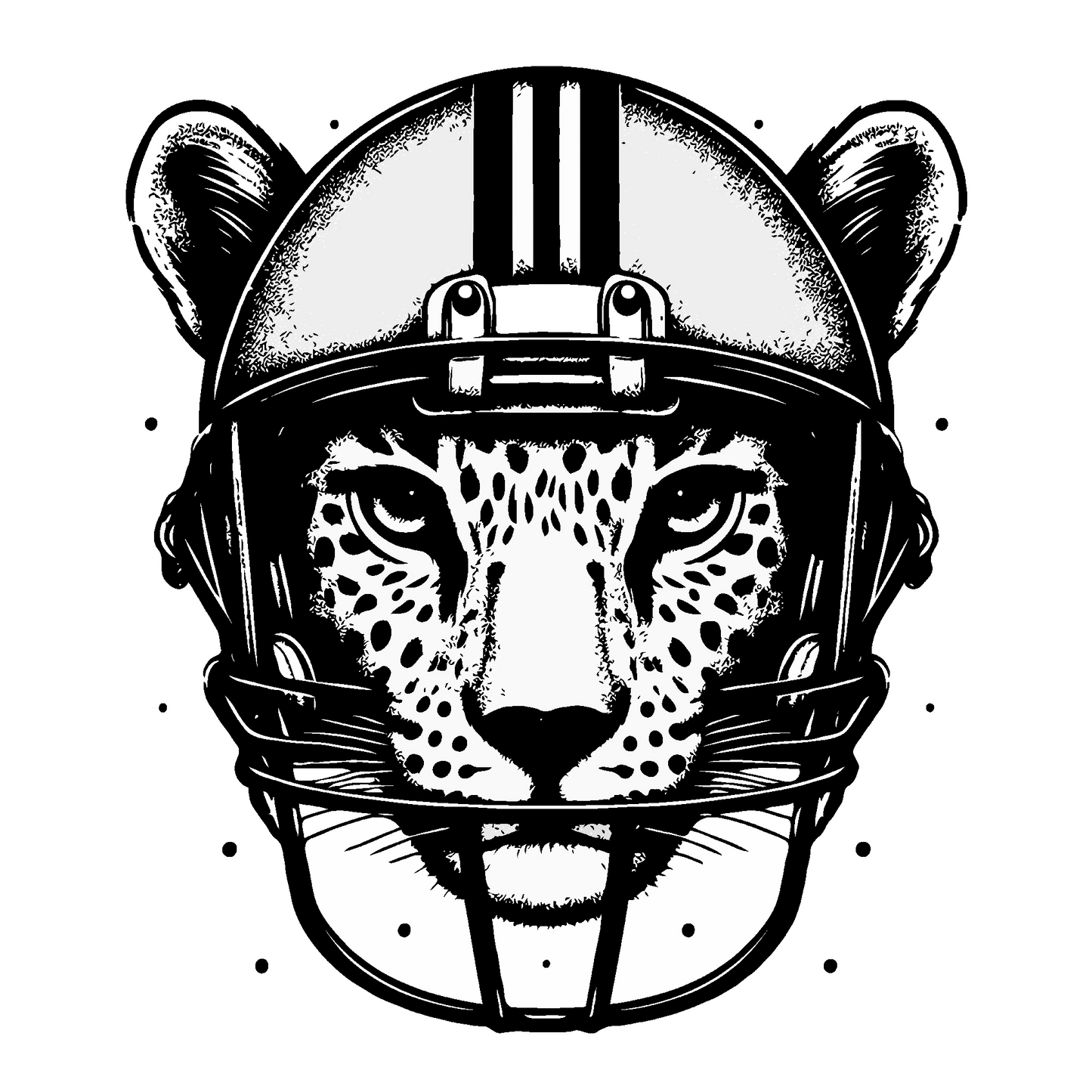 A black and white illustration of a leopard's head wearing an American football helmet. The leopard's face is detailed with clear spots and sharp, direct eyes. The helmet features three vertical black stripes and a full face mask, creating a powerful and wild image, ideal for sports-themed or strength-symbolizing tattoos.