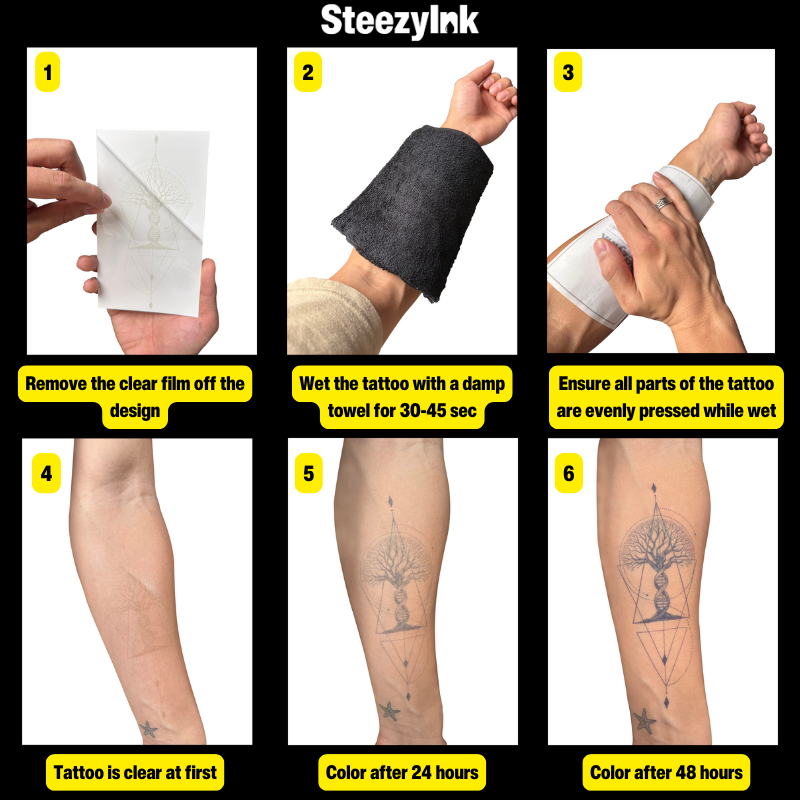 SteezyInk semi-permanent tattoo application guide: Remove film, wet with towel, press, and color progression over time
