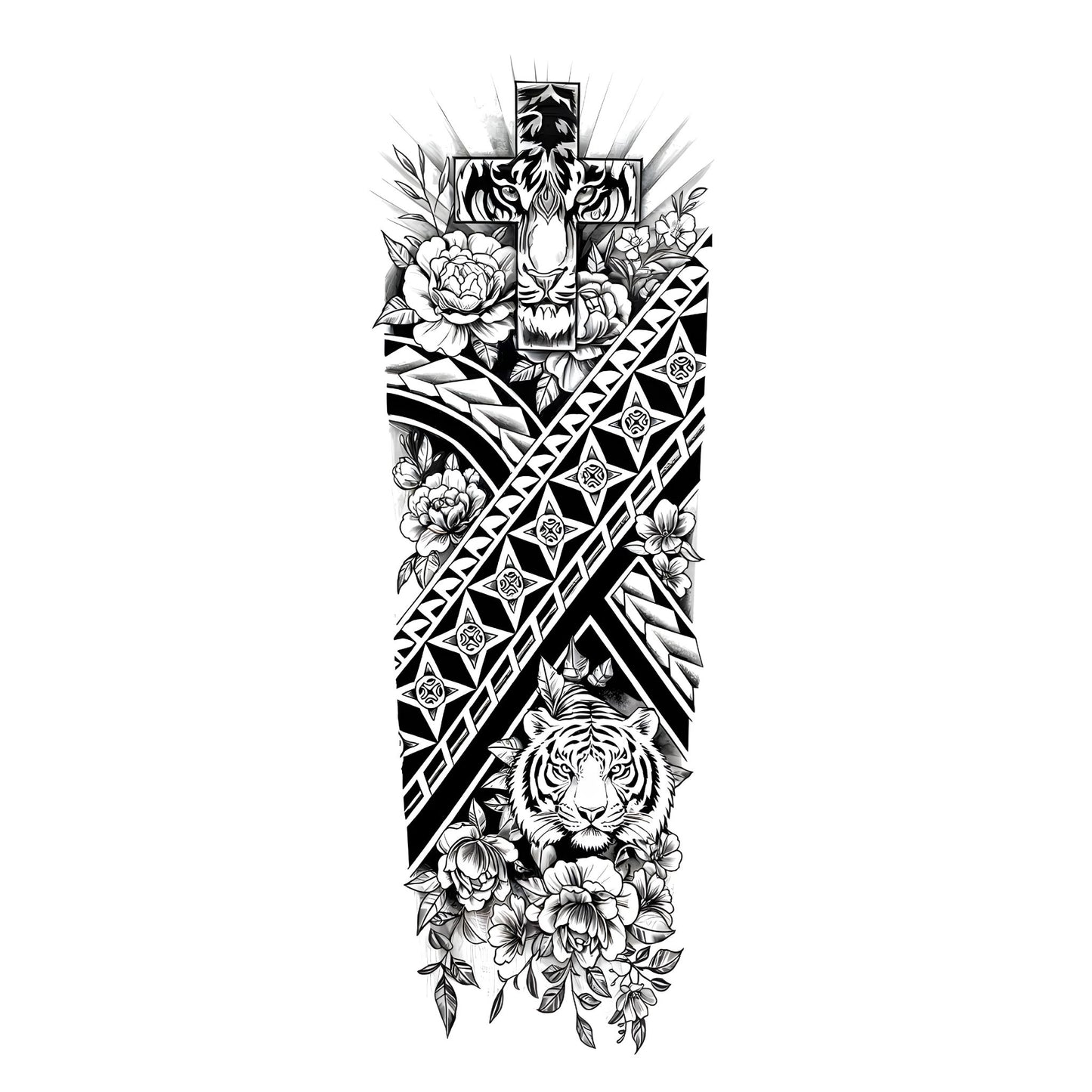 Tiger Cross Tribal Sleeve Temporary Tattoo | 6 x 18 inch
