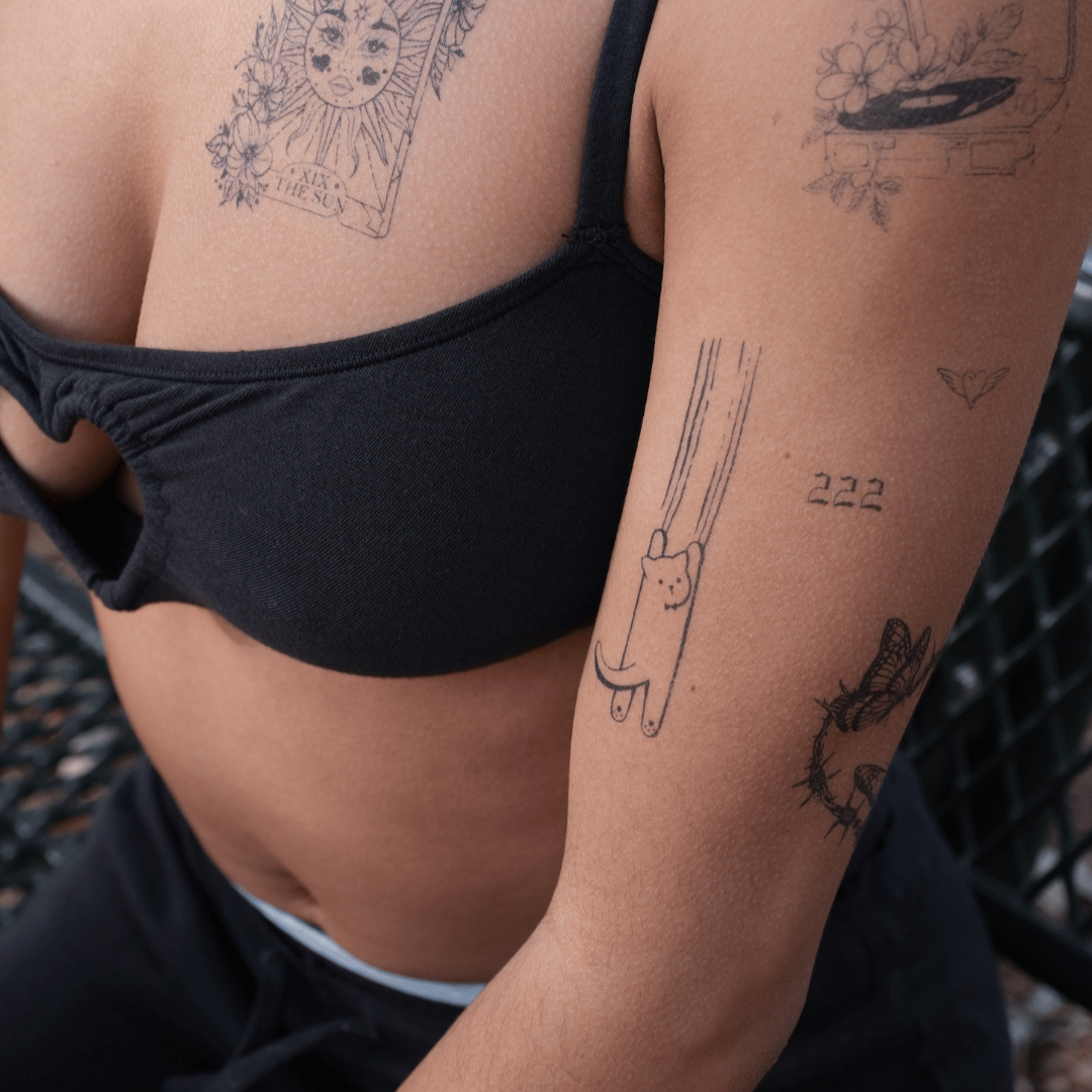 SteezyInk temporary tattoos featuring angel number 222 and other designs. Express yourself today with our temporary tattoos.