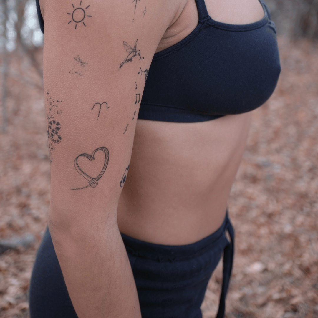 SteezyInk temporary tattoos displayed on arm, including heart, Aries symbol, and hummingbird designs