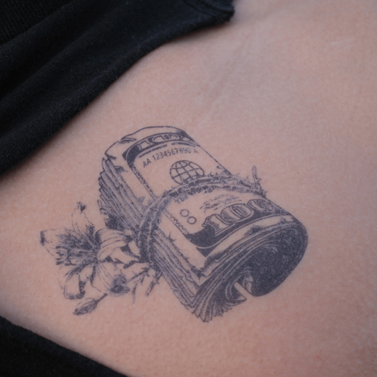 SteezyInk Thorns and Riches Temporary Tattoo: Stack of 100 dollar bills and lily, wealth theme.