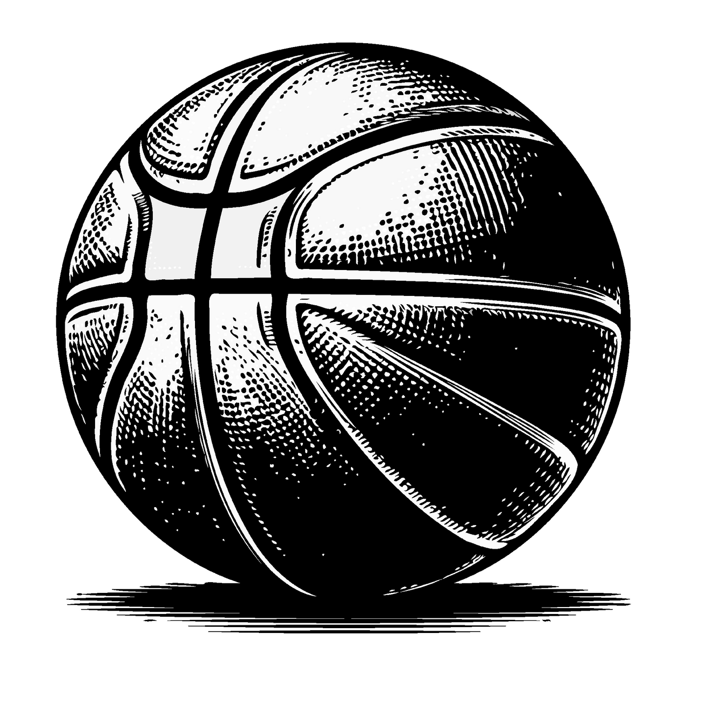 This temporary tattoo design features a highly stylized and detailed illustration of a basketball, rendered in a classic black and white, woodcut or engraving art style. The image focuses solely on the ball, presenting it as a singular, iconic object.
The basketball is depicted from a slightly elevated, front-on perspective, making its spherical form prominent. It exhibits all the characteristic features of a standard basketball:
Segmented Panels: The ball's surface is divided into the familiar eight pane
