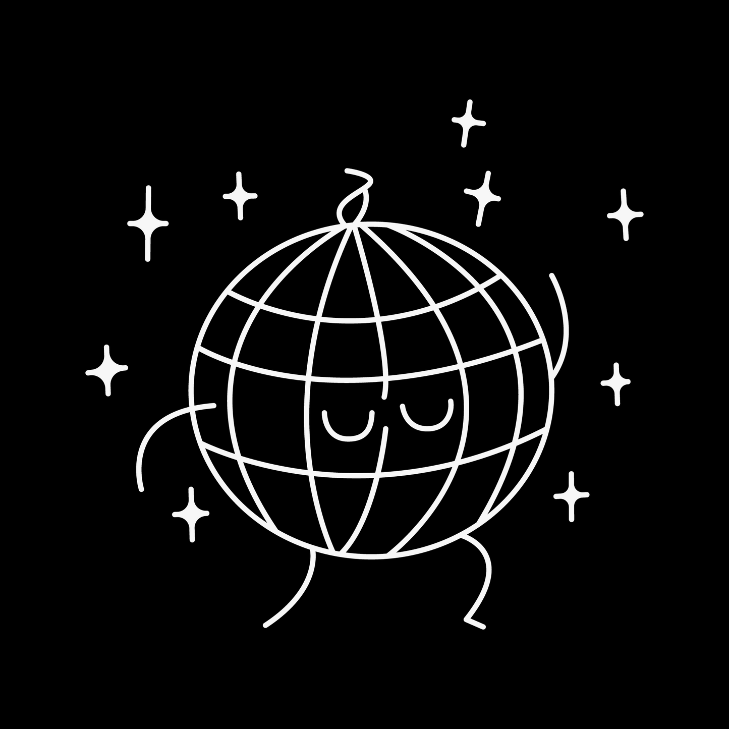 Dancing disco ball temporary tattoo design, white outline on black background, starry design