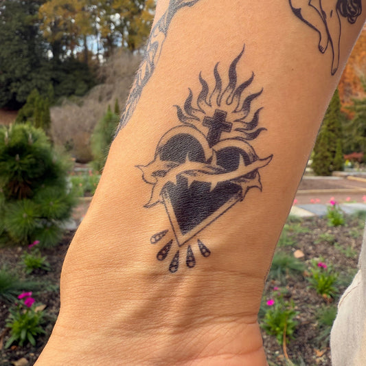 Sacred Heart temporary tattoo, Christian religious symbol with thorns and flames, wrist waterproof sticker.