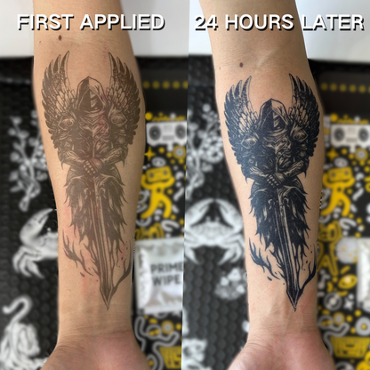 Semi-permanent tattoo angel warrior design showing color change over 24 hours. PureBlack Ink.