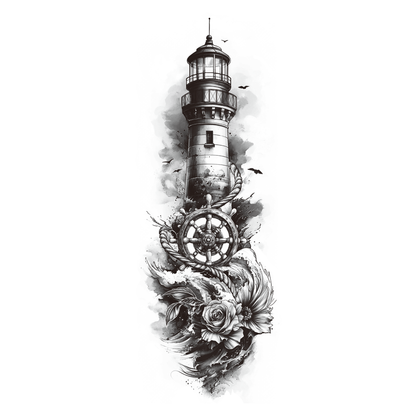 SteezyInk Lighthouse Sleeve Temporary Tattoo. Nautical design with lighthouse, wheel, waves and roses.