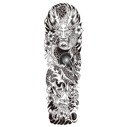 SteezyInk Dragon Sleeve Temporary Tattoo featuring dragon, waves, and flowers.