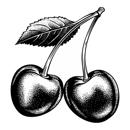 SteezyInk Twin Cherries Temporary Tattoo design, stippled black illustration, symbolizes sweetness and love.