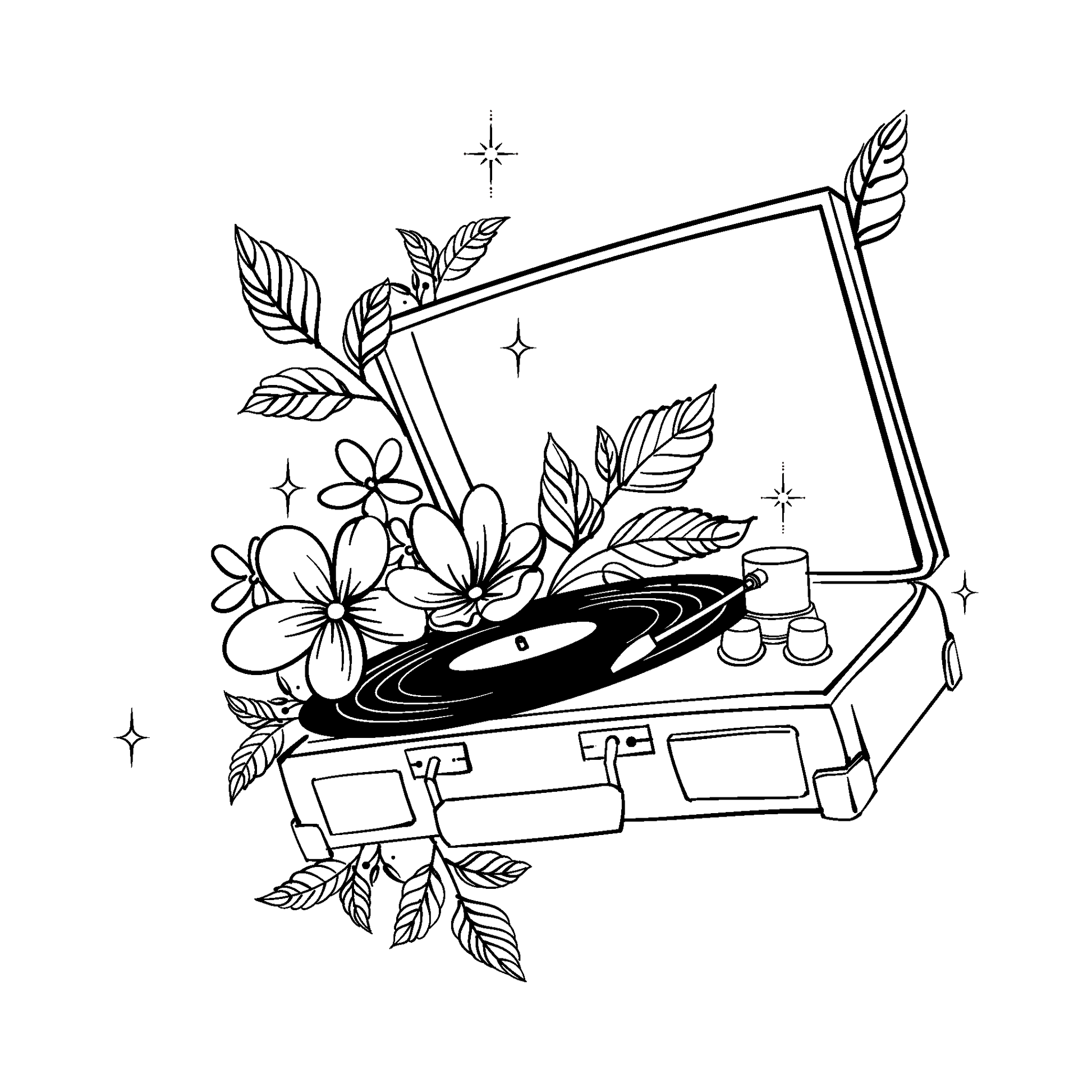 SteezyInk Vintage record player temporary tattoo with floral design