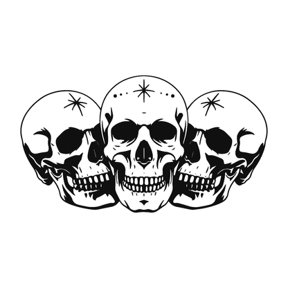 SteezyInk Three Skulls Temporary Tattoo design in black and white, perfect for a dark style.