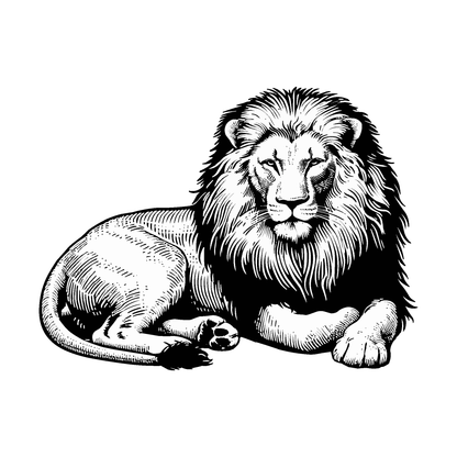 Lion Majesty temporary tattoo design, black and white illustration for courage and strength.