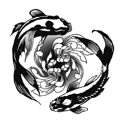 SteezyInk Yin-Yang Koi Fish Temporary Tattoo, 4x4 inch. Black koi in yin-yang formation with floral accents.