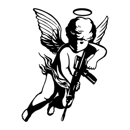 SteezyInk Angel of Conflict temporary tattoo, cherub with rifle, black and white