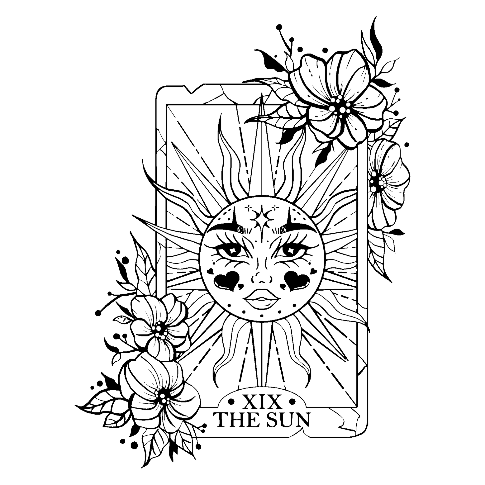SteezyInk Radiant Sun Tarot temporary tattoo, black and white design with floral details and "The Sun" card.