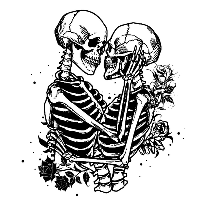 SteezyInk Love Beyond Death Temporary Tattoo design of skeletons and roses, perfect for expressing a unique style.