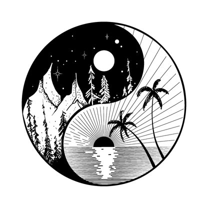 SteezyInk Nature's Duality Temporary Tattoo: Yin-Yang design of night forest and beach sunset. Symbolizing balance.