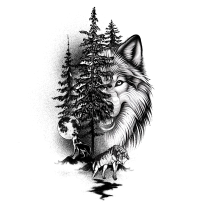 SteezyInk Forest Guardian Temporary Tattoo featuring a wolf, moon, and pine trees, perfect for expressing freedom.