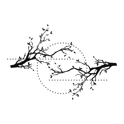 SteezyInk Geometric Branches Temporary Tattoo: Black branches with leaves and dotted geometric design, minimalist style.