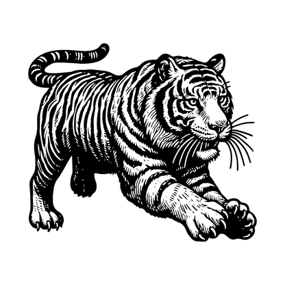 Prowling tiger temporary tattoo, black and white design symbolizing courage and power.