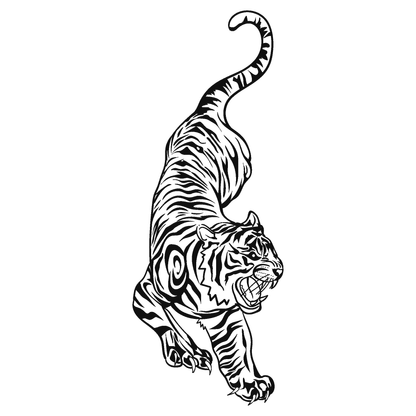 SteezyInk Minimal Tiger Temporary Tattoo. Roaring tiger design in bold black lines, perfect for temporary body art.
