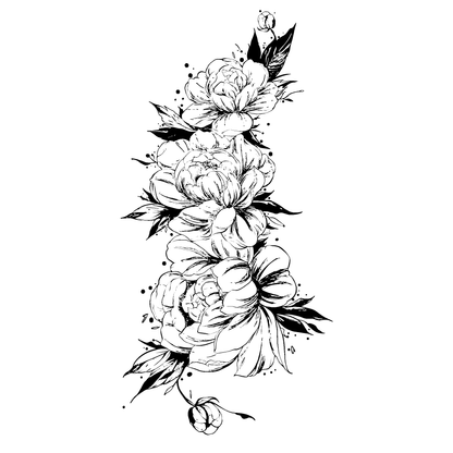 SteezyInk Peony Arrangement Temporary Tattoo. Black and white floral design for body art.