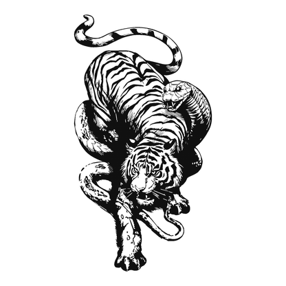 SteezyInk Fangs and Stripes temporary tattoo: Tiger and snake design in black and white, a symbol of strength.