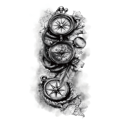 SteezyInk Compass Journey Temporary Tattoo, black and white design featuring compasses, ropes, and map details.