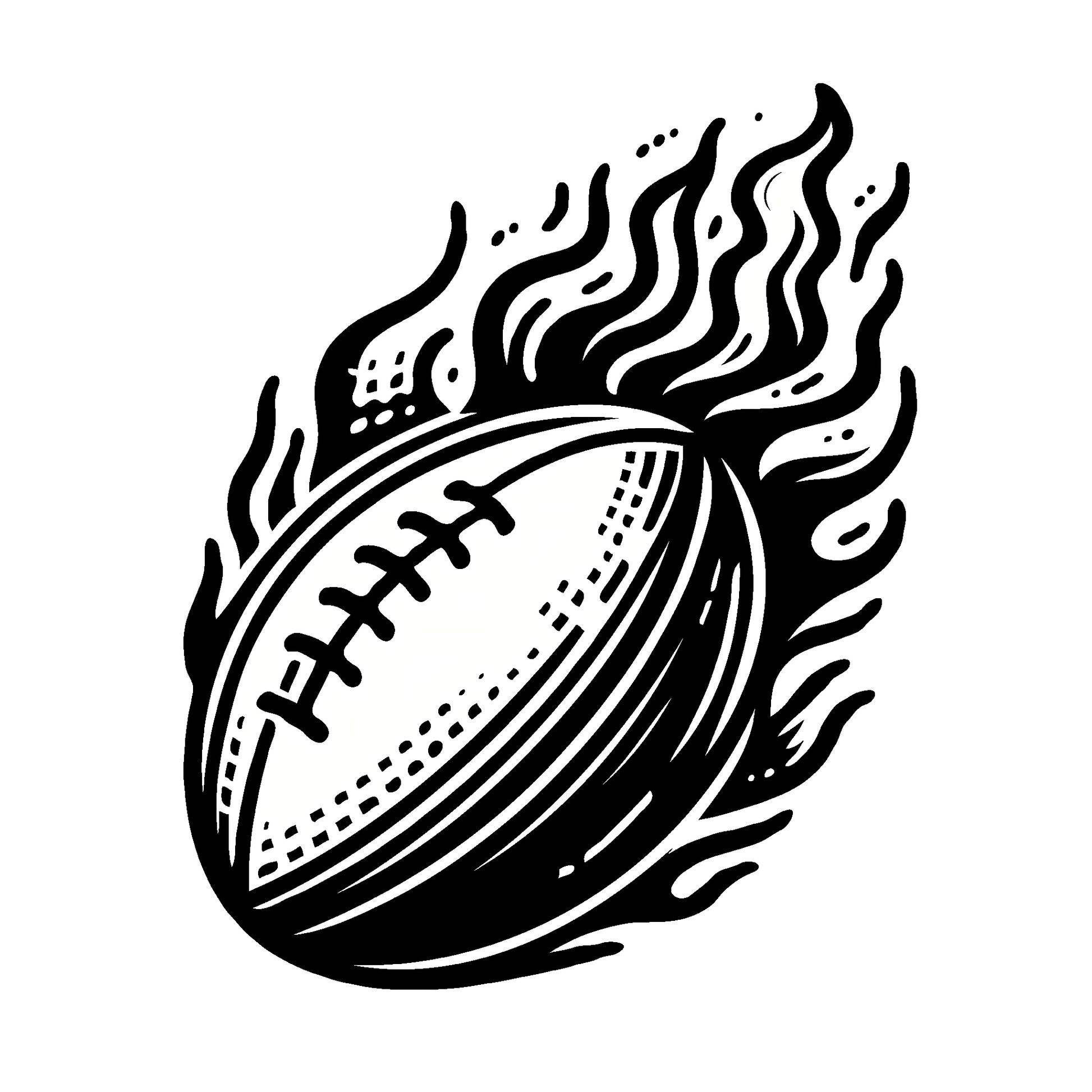 This is a black and white tattoo design featuring an American football. The football is depicted with its laces and stitching, and it is surrounded by stylized flames, giving the impression of speed or intensity.