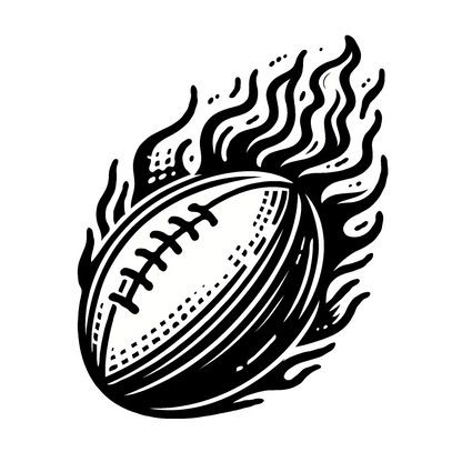 This is a black and white tattoo design featuring an American football. The football is depicted with its laces and stitching, and it is surrounded by stylized flames, giving the impression of speed or intensity.