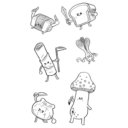 SteezyInk Food Fight Temporary Tattoo featuring Sushi, Bread, Dumpling and Mushroom designs