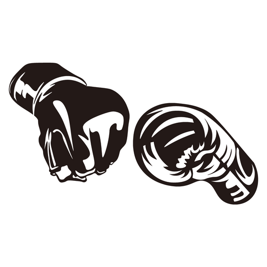 This temporary tattoo features two stylized black and white boxing gloves. One glove is a clenched fist, ready to strike, while the other is shown from the side with dynamic, abstract designs, symbolizing power and motion.