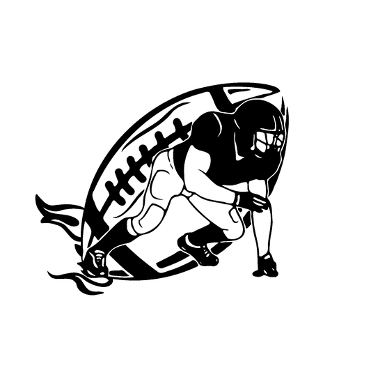This temporary tattoo design features a stylized depiction of an American football player in an aggressive, ready-to-charge stance, framed by a dynamic football motif. The entire image is rendered in a striking black and white silhouette style, emphasizing shape and action over fine detail.

At the core of the design is the football player, captured in a classic "three-point stance" often seen at the line of scrimmage just before the snap. The player is leaning forward, with one hand on the ground and the o