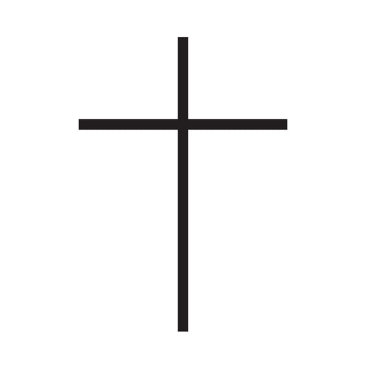 This is a simple tattoo design of a black cross on a white background. It consists of a vertical line intersected by a shorter horizontal line near the top, forming the classic Christian cross symbol.