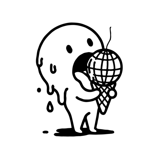 semi-permanent tattoo character licking a disco ball like a ice creamcone while melting design close up