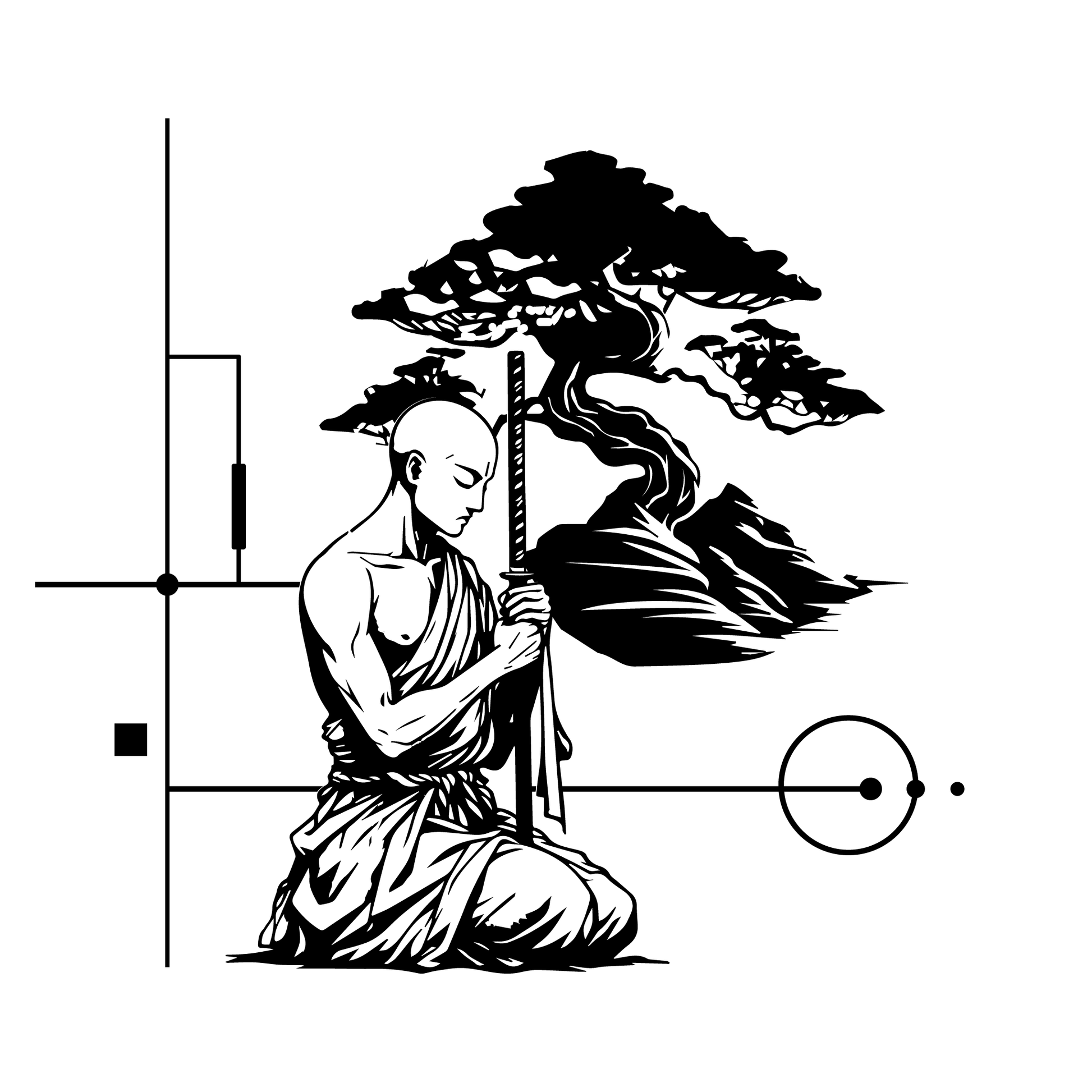 semi-permanent tattoo abstract monk with tree in the background closeup