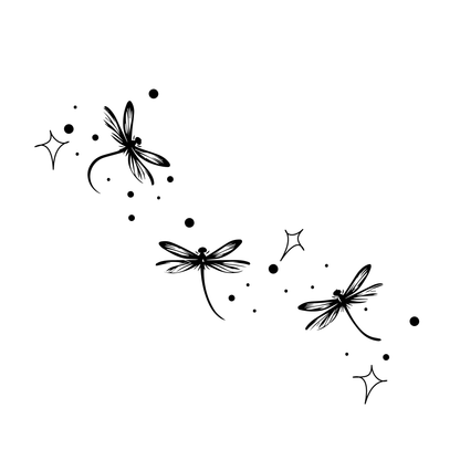 semi-permanent tattoo Dragonfly's flying with stars and abstract splattering design closeup