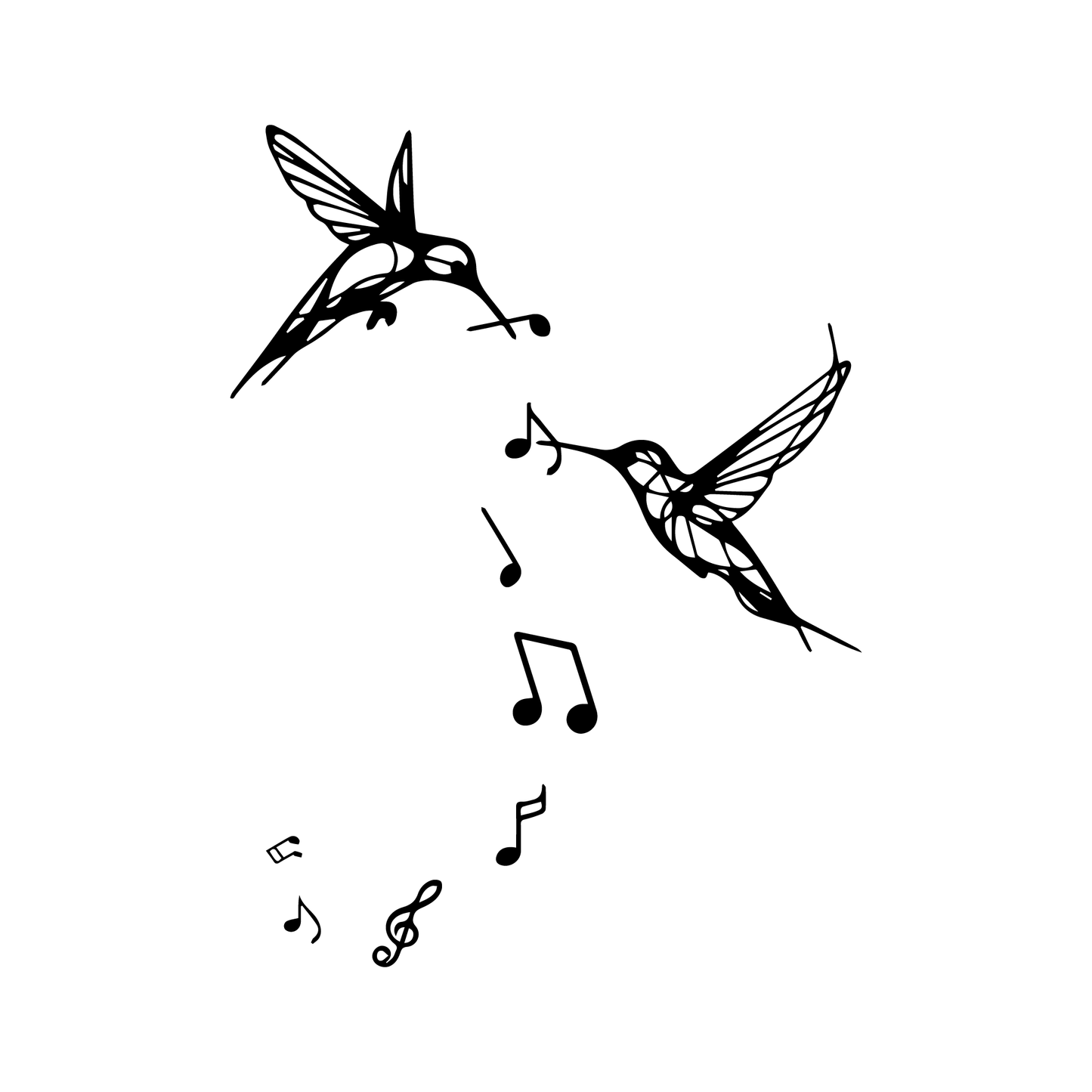 semi-permanent tattoo Hummingbirds grabbing musical notes with their beaks close up